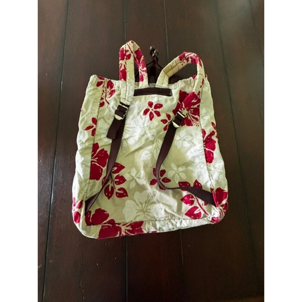 Roxy Floral Drawstring Backpack Beige Red Hibiscus Surf Beach Y2K Book Bag